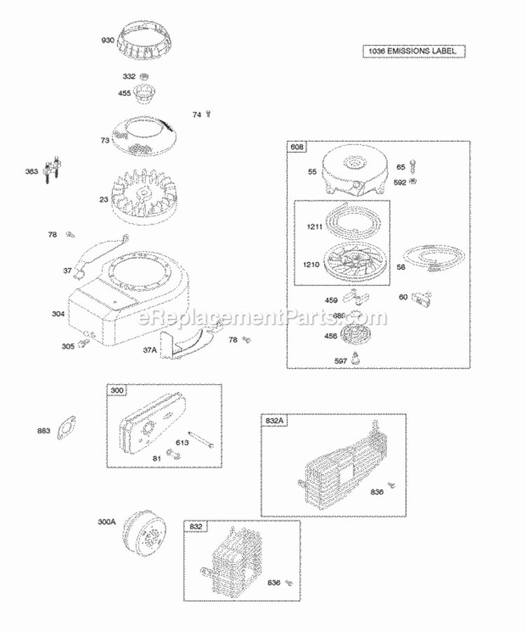 Blower HousingShrouds Exhaust System Flywheel Rewind Starter Diagram and Parts List for 09J902-0415-E1  Briggs and Stratton Engine